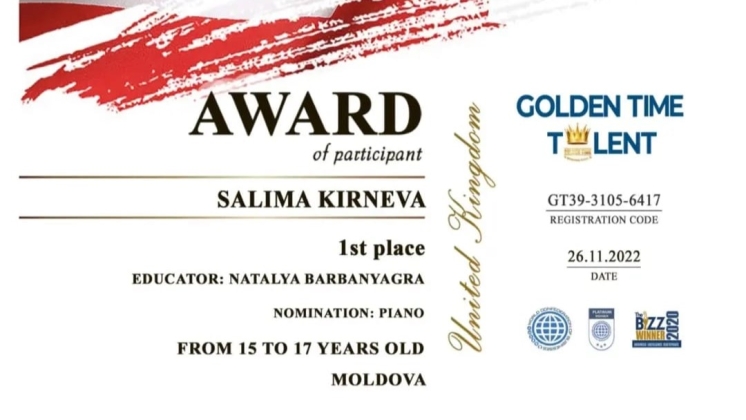 Преподаватель фортепиано подготовила учащуюся колледжа им. M. Чакир к участию в международном конкурсе "Golden Time Talent"